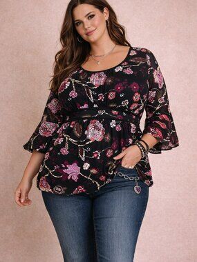 Venezia Y2K Floral Top 18/20 Plus Boho Peplum Empire Waist Sheer Sleeve